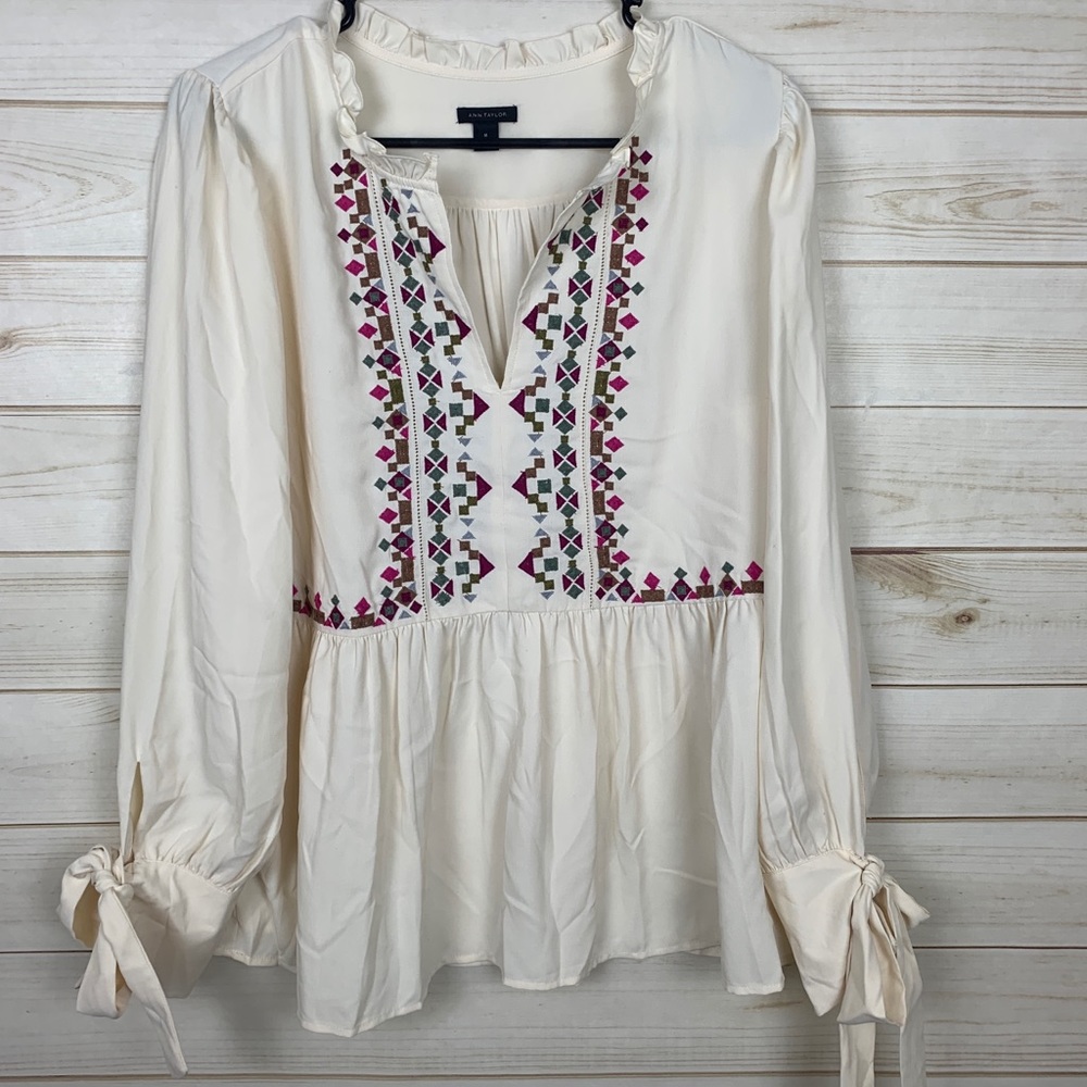Ann Taylor cream long sleeve with ruffle neckline